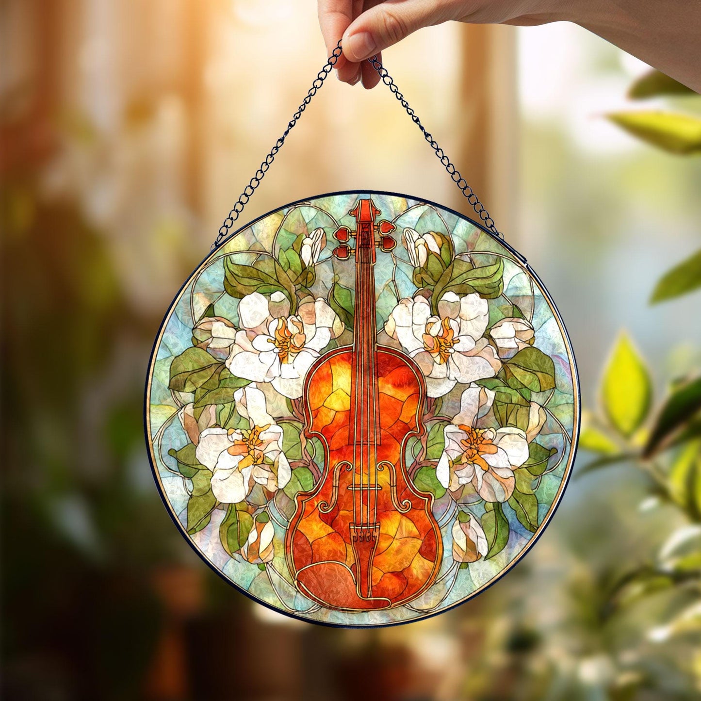 Violin Floral Stained Glass Suncatcher, Music Window Hanging, White Flower Botanical Art, Elegant Home Decor, Gift For Music Lovers