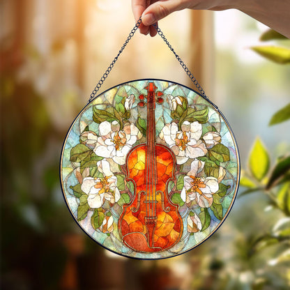 Violin Floral Stained Glass Suncatcher, Music Window Hanging, White Flower Botanical Art, Elegant Home Decor, Gift For Music Lovers