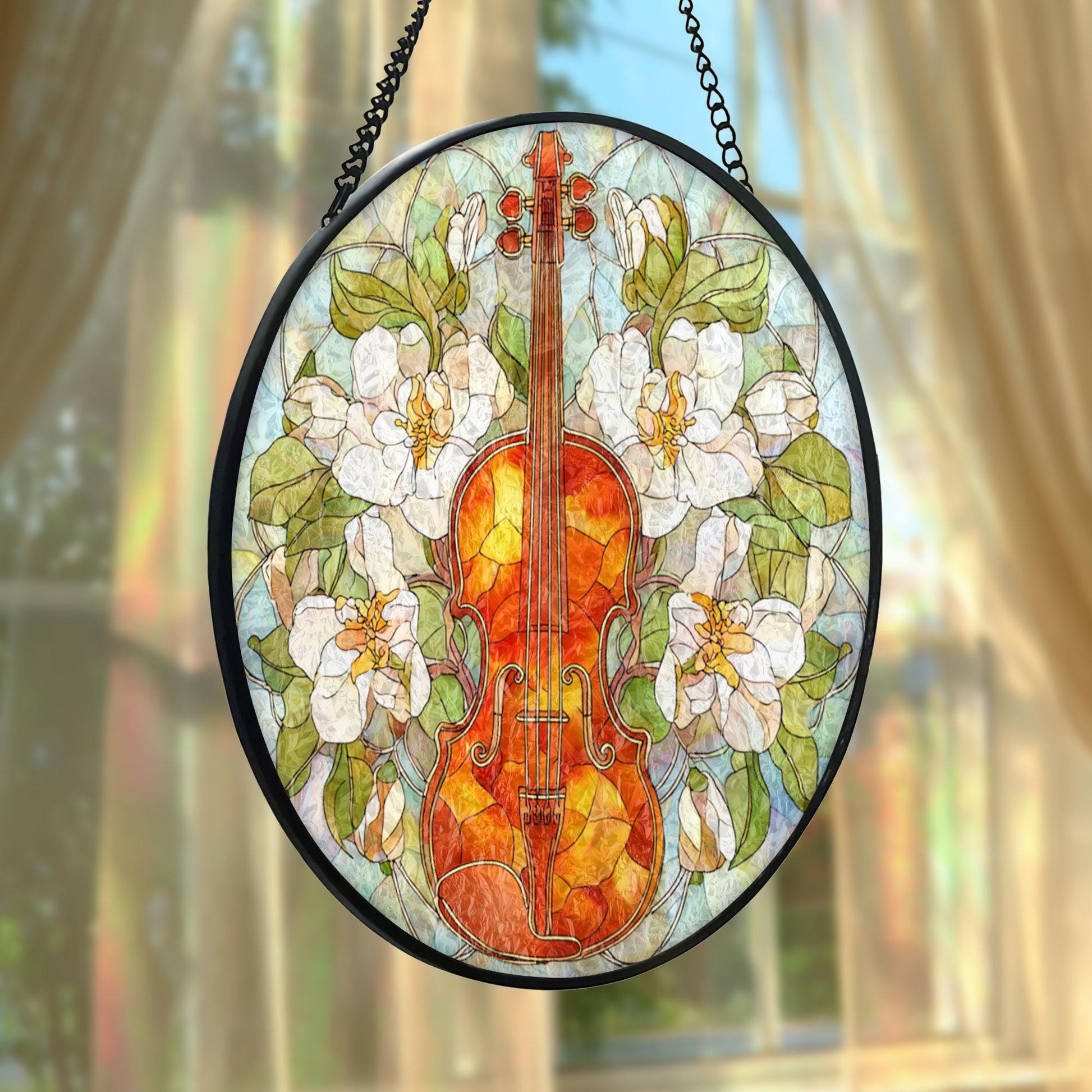 Violin Floral Stained Glass Suncatcher, Music Window Hanging, White Flower Botanical Art, Elegant Home Decor, Gift For Music Lovers