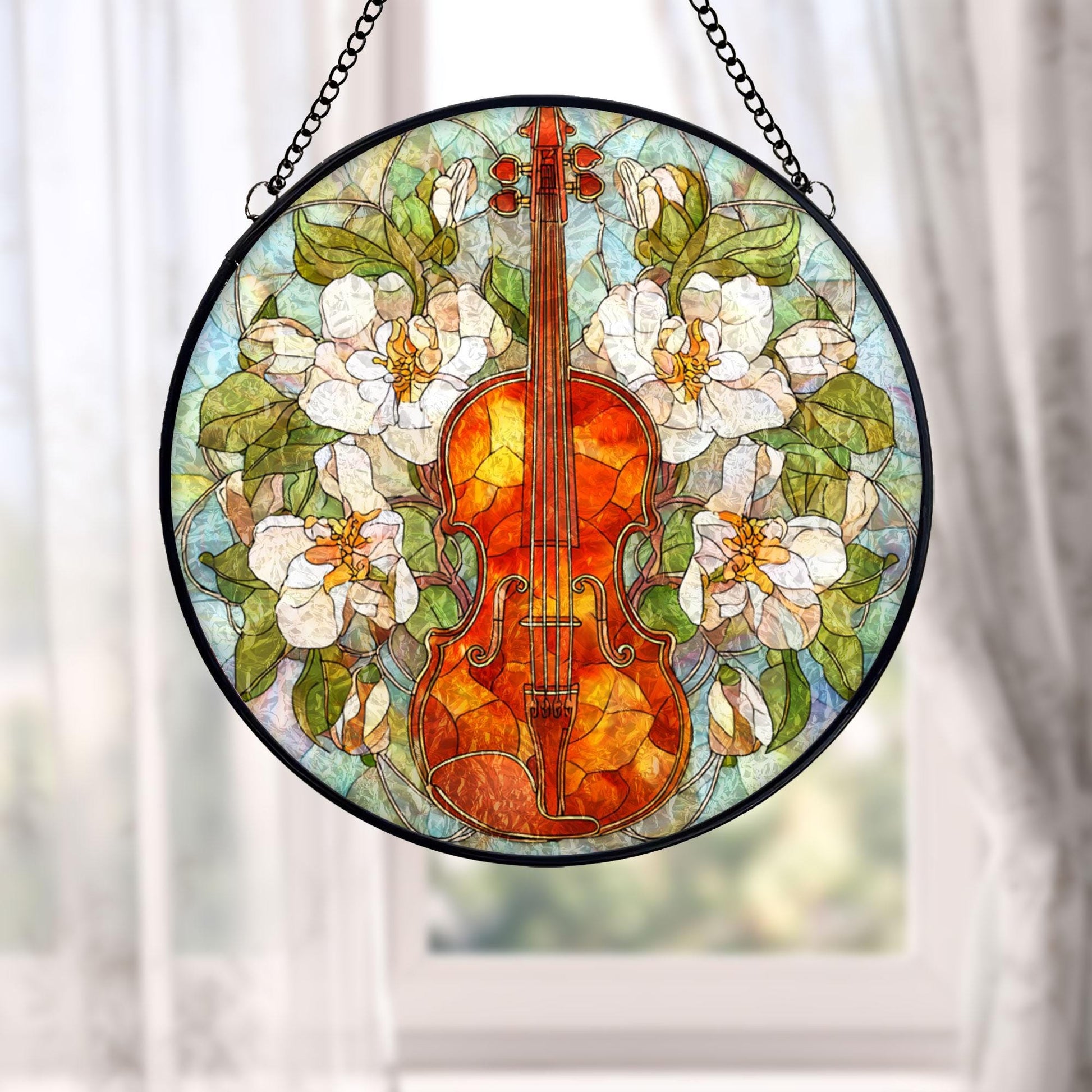 Violin Floral Stained Glass Suncatcher, Music Window Hanging, White Flower Botanical Art, Elegant Home Decor, Gift For Music Lovers