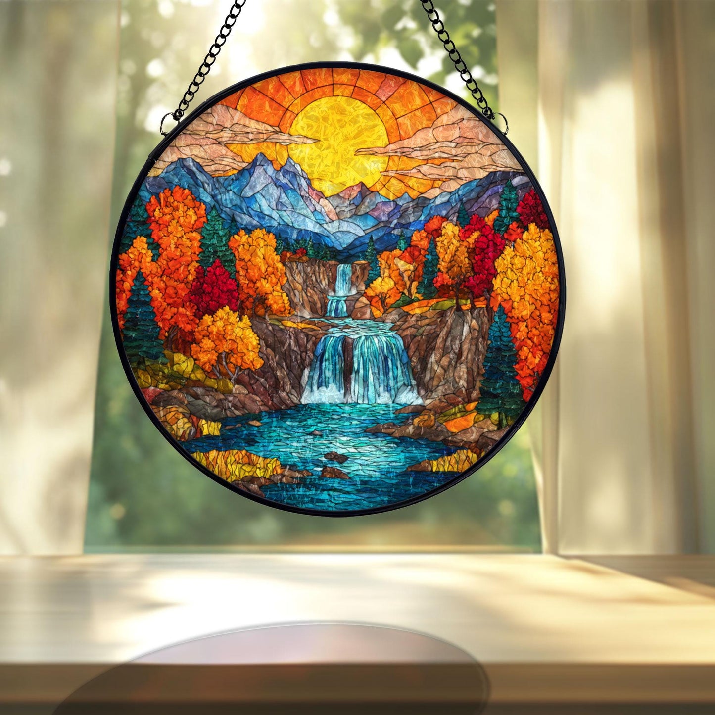 Autumn Mountain Waterfall Stained Glass Suncatcher, Fall Landscape Window Hanging, Sunset Nature Art, Scenic Home Decor, Unique Gift