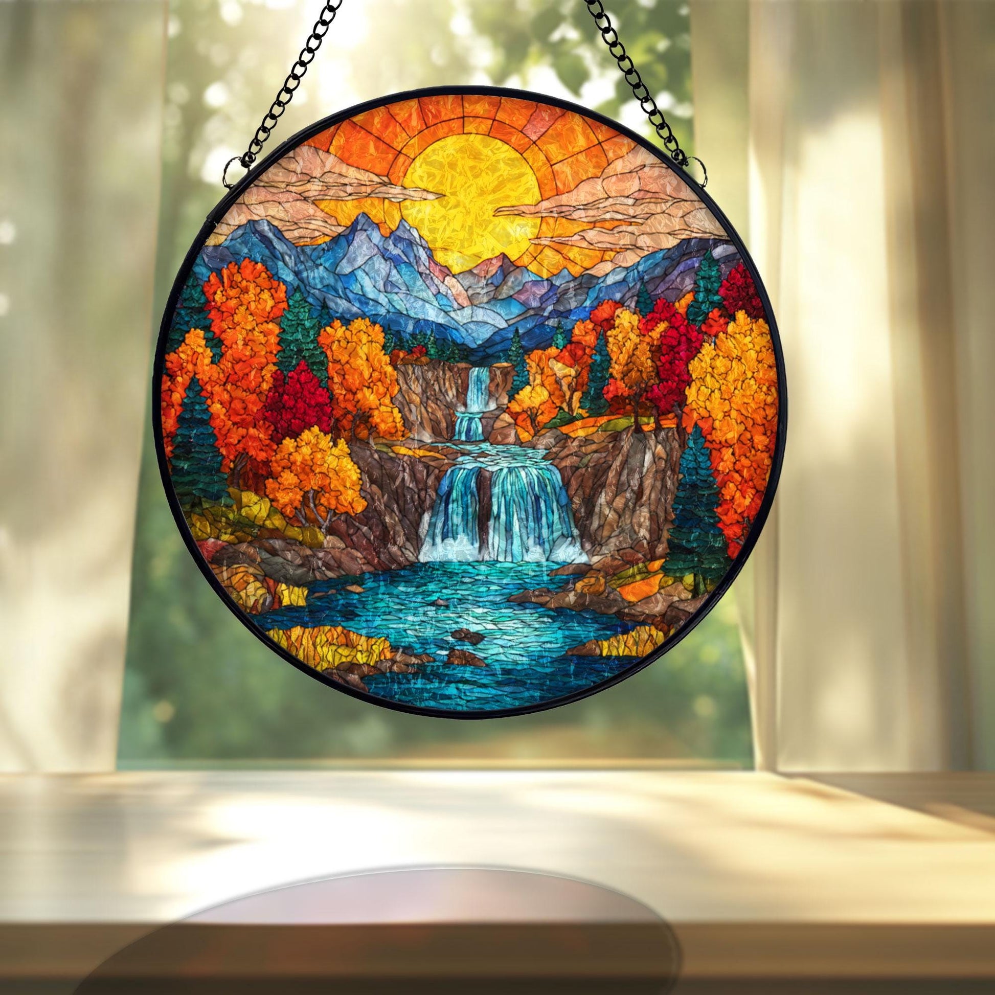 Autumn Mountain Waterfall Stained Glass Suncatcher, Fall Landscape Window Hanging, Sunset Nature Art, Scenic Home Decor, Unique Gift