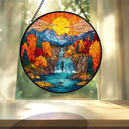 Autumn Mountain Waterfall Stained Glass Suncatcher, Fall Landscape Window Hanging, Sunset Nature Art, Scenic Home Decor, Unique Gift
