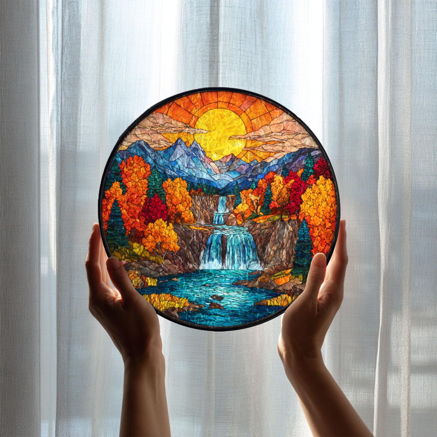 Autumn Mountain Waterfall Stained Glass Suncatcher, Fall Landscape Window Hanging, Sunset Nature Art, Scenic Home Decor, Unique Gift