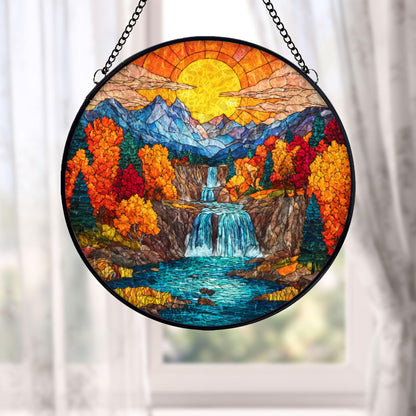 Autumn Mountain Waterfall Stained Glass Suncatcher, Fall Landscape Window Hanging, Sunset Nature Art, Scenic Home Decor, Unique Gift