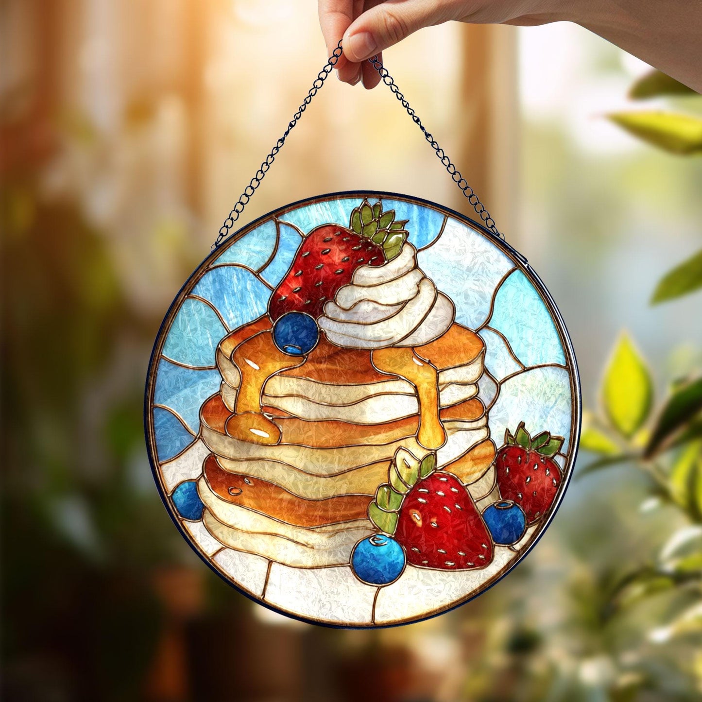 Pancake Breakfast Stained Glass Suncatcher, Strawberry Blueberry Dessert Art, Kitchen Window Hanging, Food Lover Decor, Cute Gift