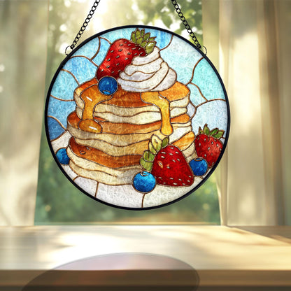 Pancake Breakfast Stained Glass Suncatcher, Strawberry Blueberry Dessert Art, Kitchen Window Hanging, Food Lover Decor, Cute Gift