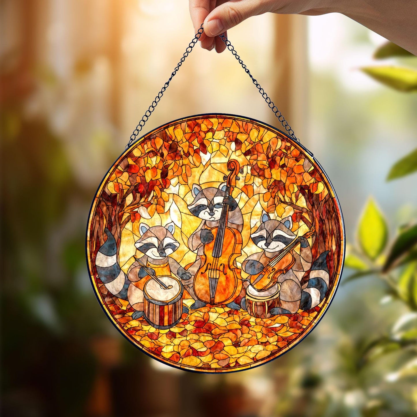 Raccoon Music Band Stained Glass Suncatcher, Cute Animal Orchestra Window Hanging, Autumn Forest Art, Whimsical Home Decor, Unique Gift
