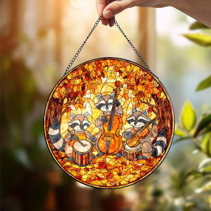 Raccoon Music Band Stained Glass Suncatcher, Cute Animal Orchestra Window Hanging, Autumn Forest Art, Whimsical Home Decor, Unique Gift
