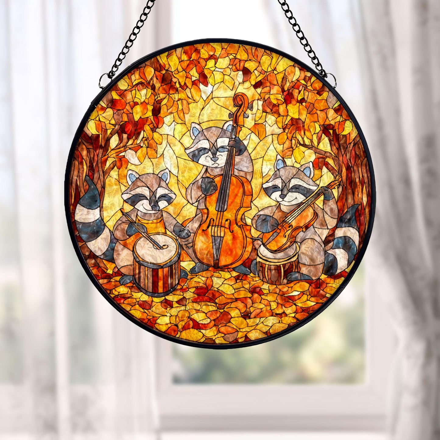 Raccoon Music Band Stained Glass Suncatcher, Cute Animal Orchestra Window Hanging, Autumn Forest Art, Whimsical Home Decor, Unique Gift
