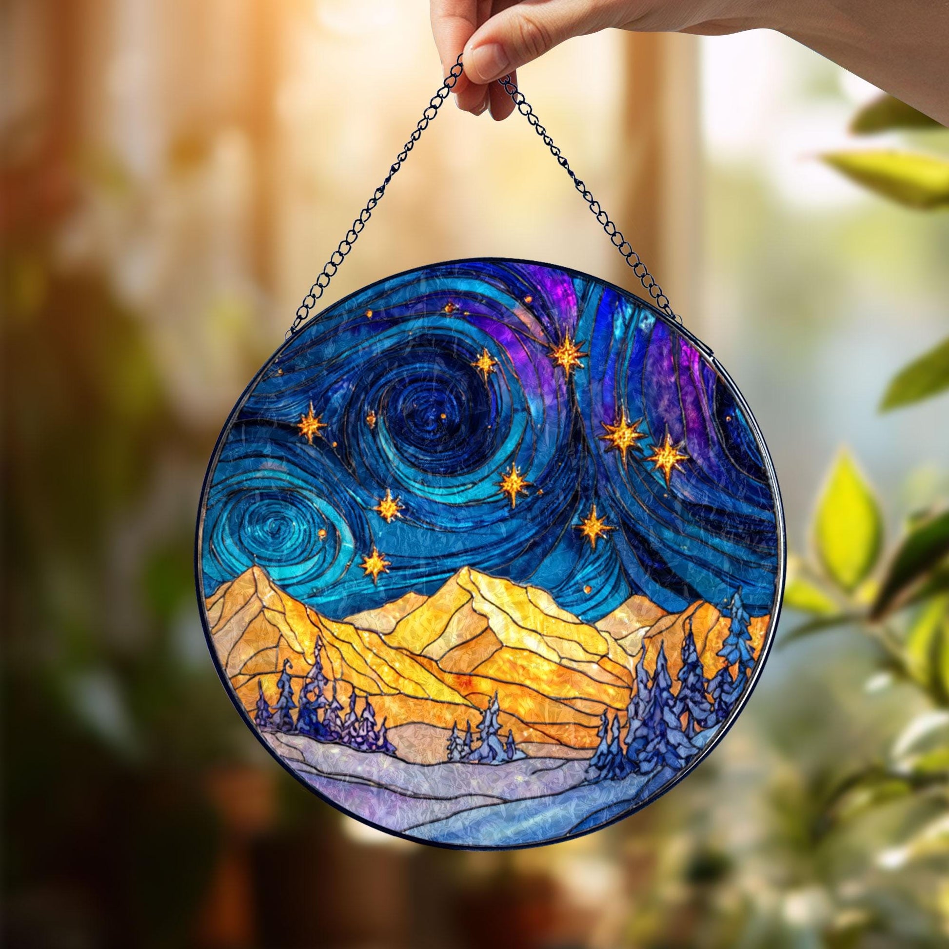Starry Night Mountain Stained Glass Suncatcher, Van Gogh Inspired Landscape, Night Sky Window Hanging, Artistic Home Decor, Unique Gift