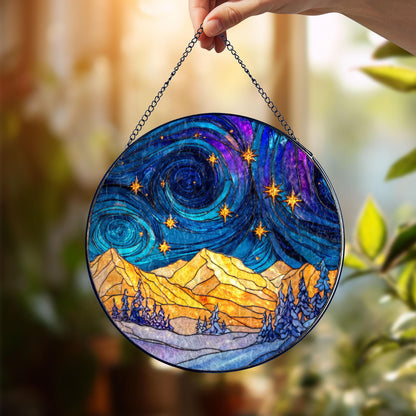 Starry Night Mountain Stained Glass Suncatcher, Van Gogh Inspired Landscape, Night Sky Window Hanging, Artistic Home Decor, Unique Gift
