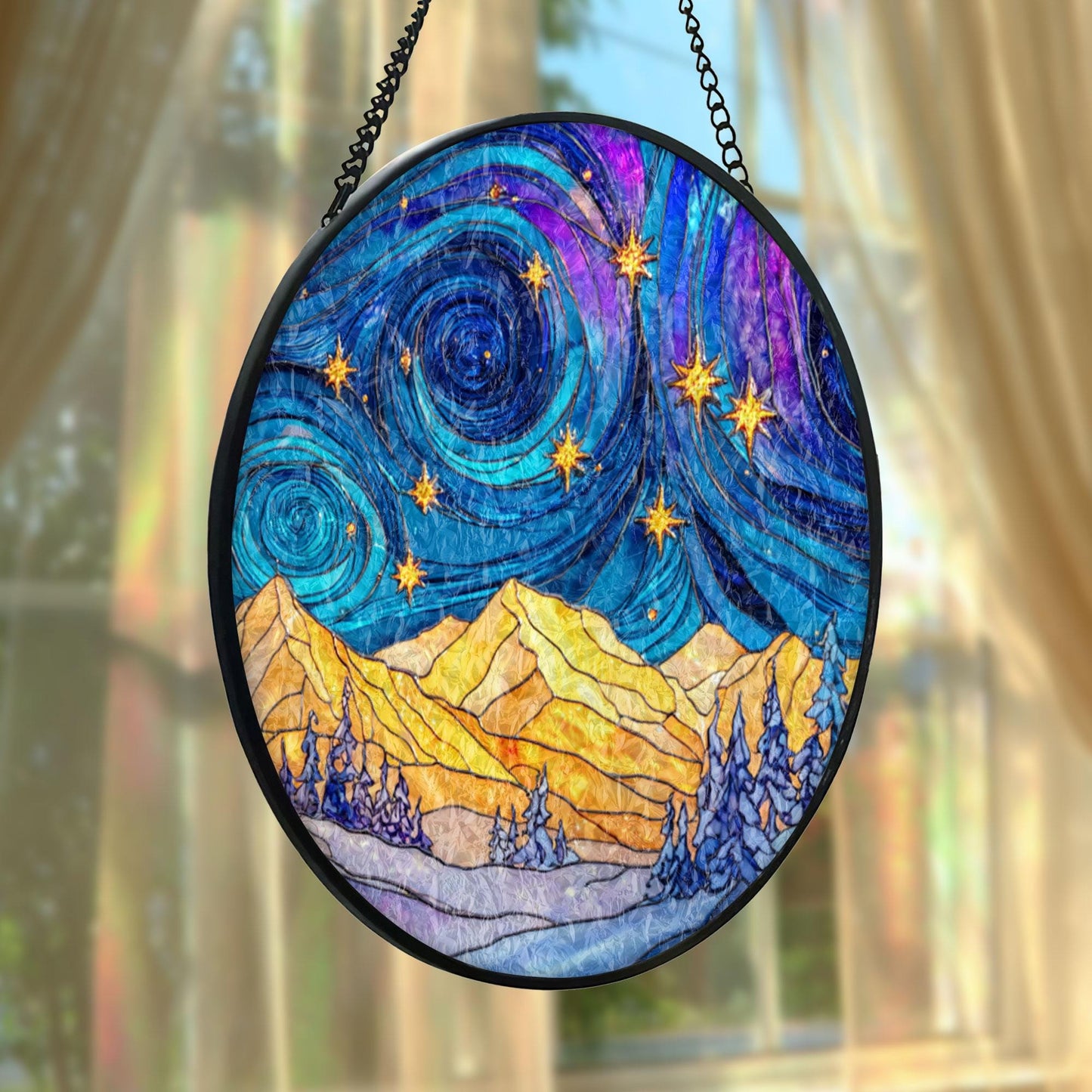 Starry Night Mountain Stained Glass Suncatcher, Van Gogh Inspired Landscape, Night Sky Window Hanging, Artistic Home Decor, Unique Gift