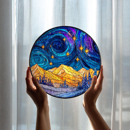 Starry Night Mountain Stained Glass Suncatcher, Van Gogh Inspired Landscape, Night Sky Window Hanging, Artistic Home Decor, Unique Gift