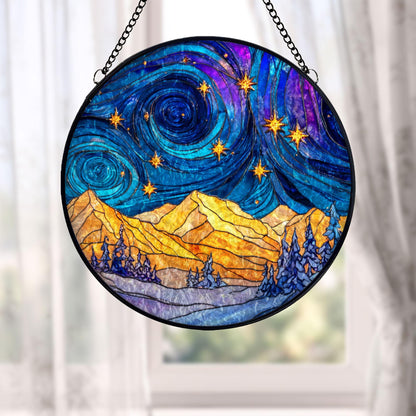 Starry Night Mountain Stained Glass Suncatcher, Van Gogh Inspired Landscape, Night Sky Window Hanging, Artistic Home Decor, Unique Gift