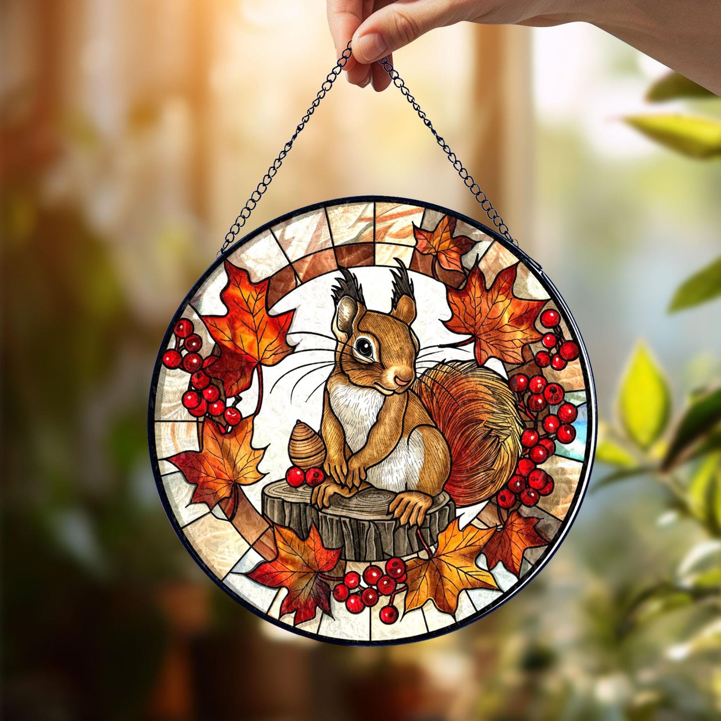 Autumn Squirrel Stained Glass Suncatcher, Fall Leaves Window Hanging, Cute Woodland Animal Art, Seasonal Home Decor, Unique Gift
