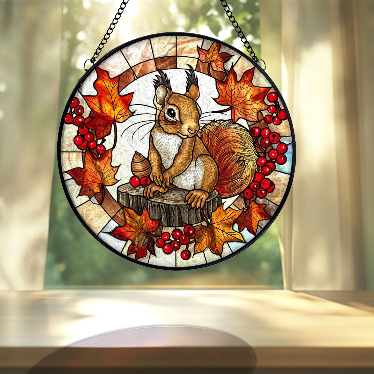 Autumn Squirrel Stained Glass Suncatcher, Fall Leaves Window Hanging, Cute Woodland Animal Art, Seasonal Home Decor, Unique Gift