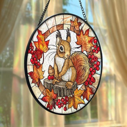 Autumn Squirrel Stained Glass Suncatcher, Fall Leaves Window Hanging, Cute Woodland Animal Art, Seasonal Home Decor, Unique Gift