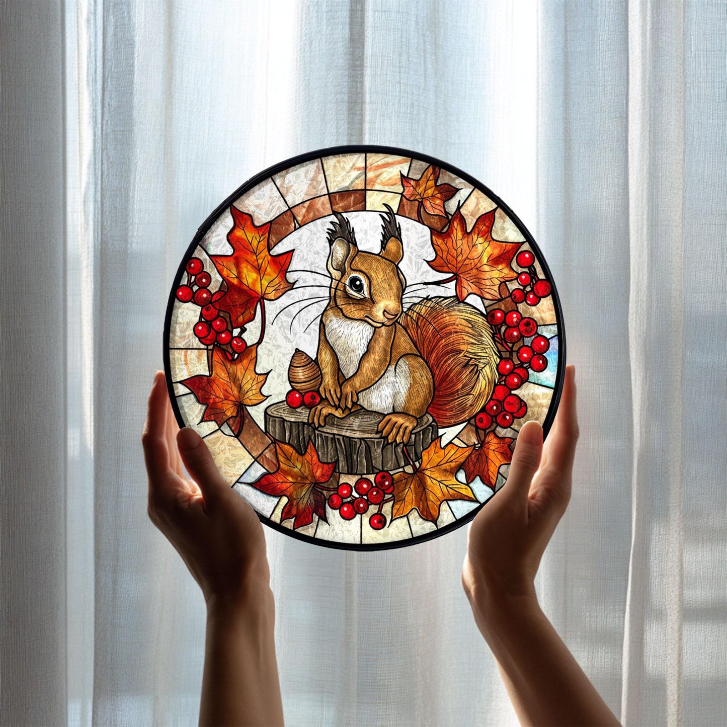 Autumn Squirrel Stained Glass Suncatcher, Fall Leaves Window Hanging, Cute Woodland Animal Art, Seasonal Home Decor, Unique Gift