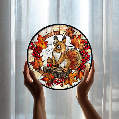 Autumn Squirrel Stained Glass Suncatcher, Fall Leaves Window Hanging, Cute Woodland Animal Art, Seasonal Home Decor, Unique Gift