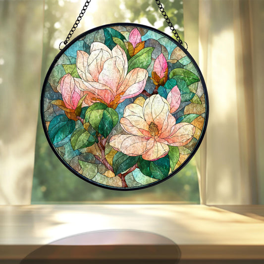 Magnolia Stained Glass Suncatcher, Floral Window Hanging Decor, Colorful Flower Sun Catcher, Botanical Home Decor, Gift for Nature Lovers