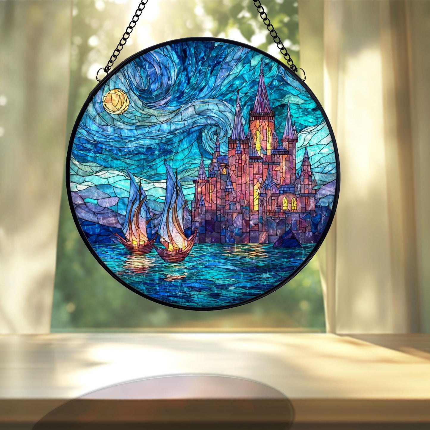 Fantasy Castle Stained Glass Suncatcher, Fairytale Window Hanging Decor, Night Sky Sun Catcher, Magical Castle Art, Gift for Fantasy Lovers