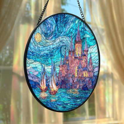 Fantasy Castle Stained Glass Suncatcher, Fairytale Window Hanging Decor, Night Sky Sun Catcher, Magical Castle Art, Gift for Fantasy Lovers