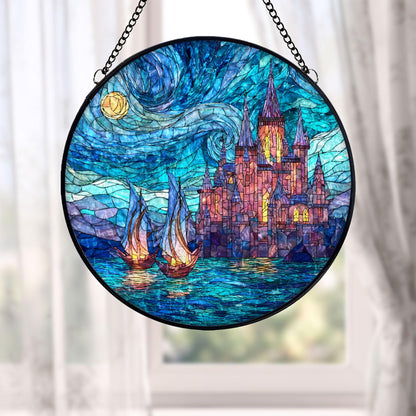 Fantasy Castle Stained Glass Suncatcher, Fairytale Window Hanging Decor, Night Sky Sun Catcher, Magical Castle Art, Gift for Fantasy Lovers