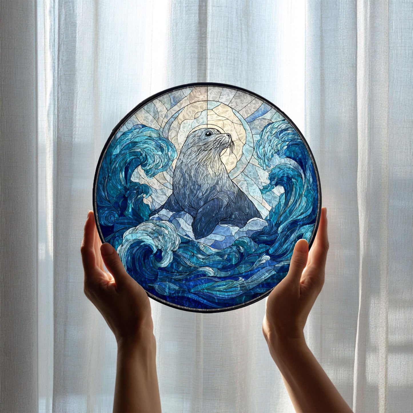 Sea Lion Stained Glass Suncatcher, Ocean Animal Window Hanging Decor, Blue Wave Sun Catcher Art, Coastal Home Decor, Gift for Ocean Lovers