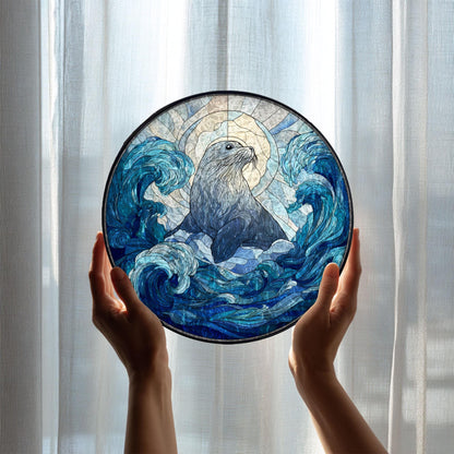 Sea Lion Stained Glass Suncatcher, Ocean Animal Window Hanging Decor, Blue Wave Sun Catcher Art, Coastal Home Decor, Gift for Ocean Lovers