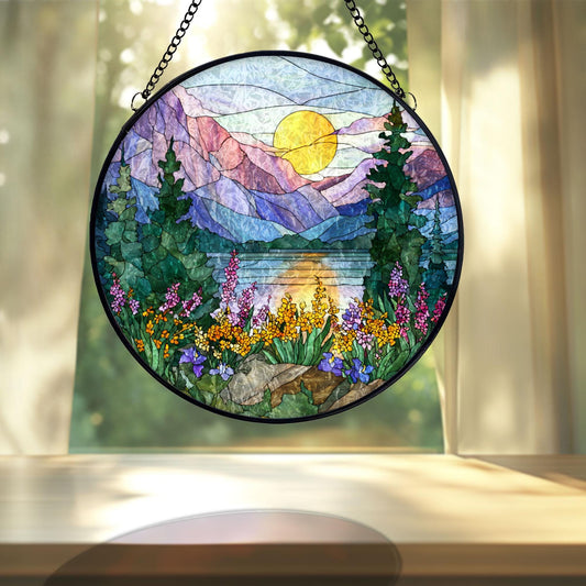 Mountain Wildflower Stained Glass Suncatcher, Alpine Landscape Window Hanging Decor, Colorful Nature Sun Catcher Art, Gift for Nature Lovers