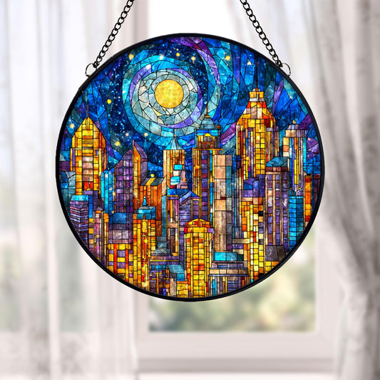 City Skyline Stained Glass Suncatcher, Night City Window Hanging Decor, Colorful Urban Sun Catcher Art, Modern Home Decor Gift