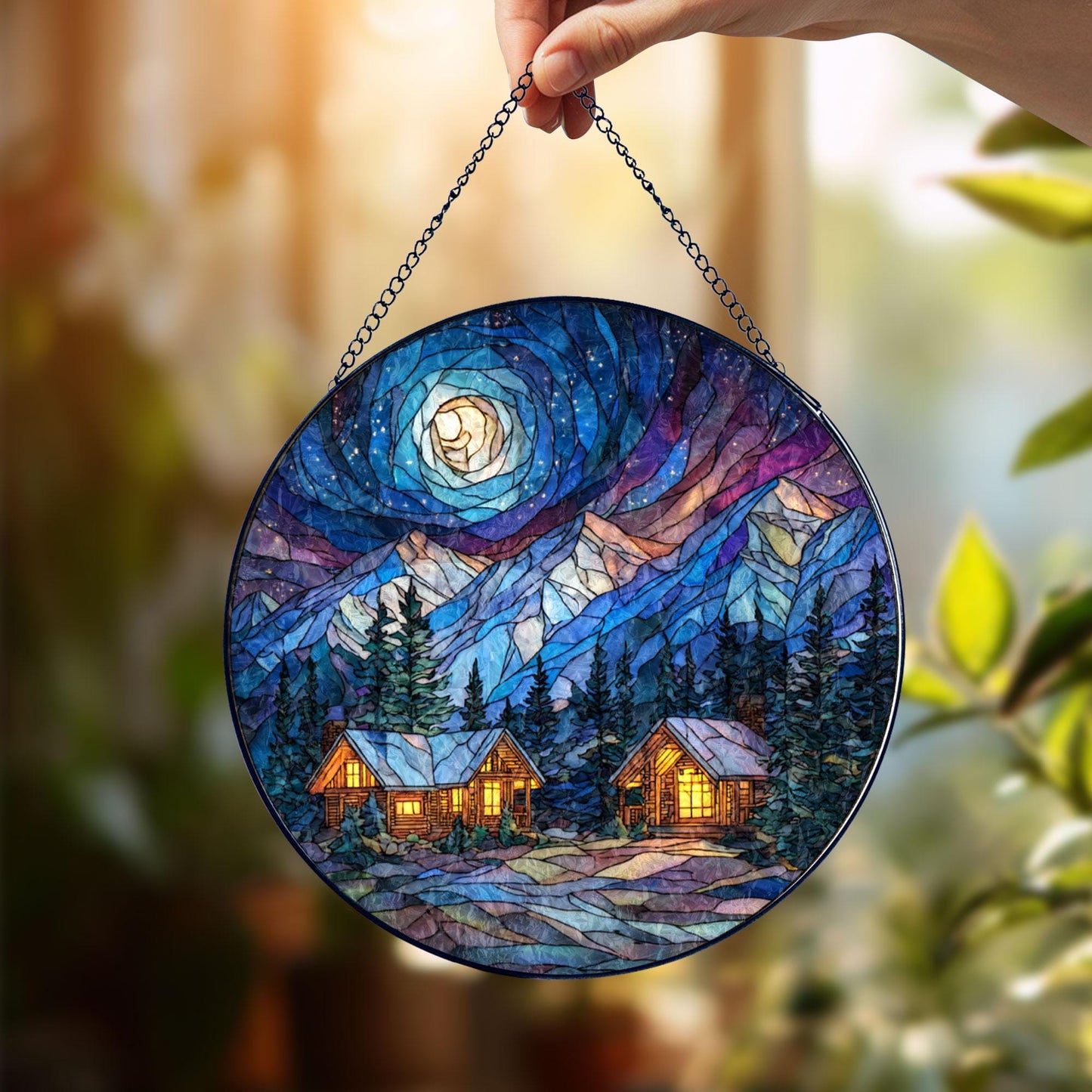 Mountain Cabin Night Stained Glass Suncatcher, Cozy Forest Lodge Window Hanging, Moonlit Landscape Sun Catcher, Rustic Home Decor Gift