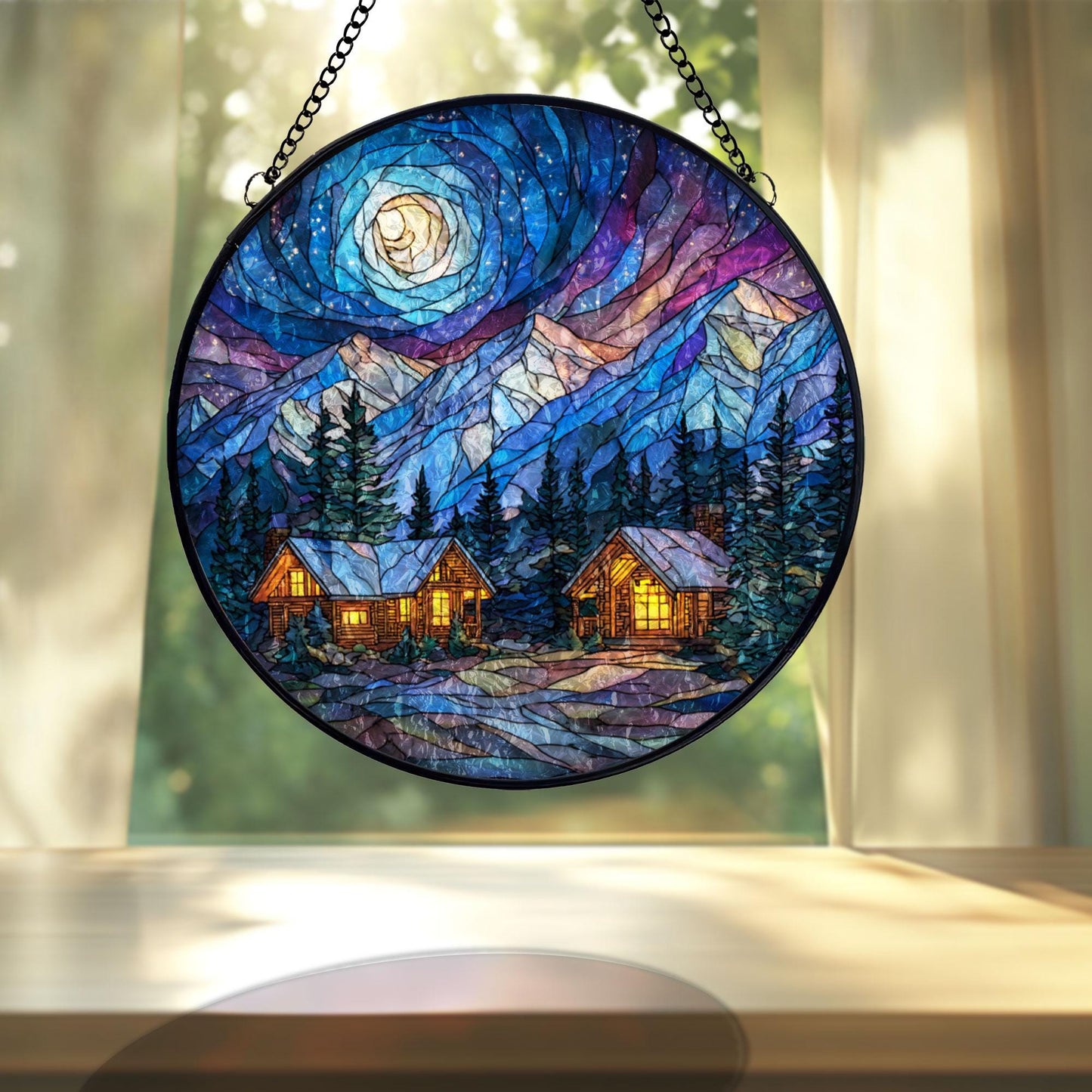 Mountain Cabin Night Stained Glass Suncatcher, Cozy Forest Lodge Window Hanging, Moonlit Landscape Sun Catcher, Rustic Home Decor Gift