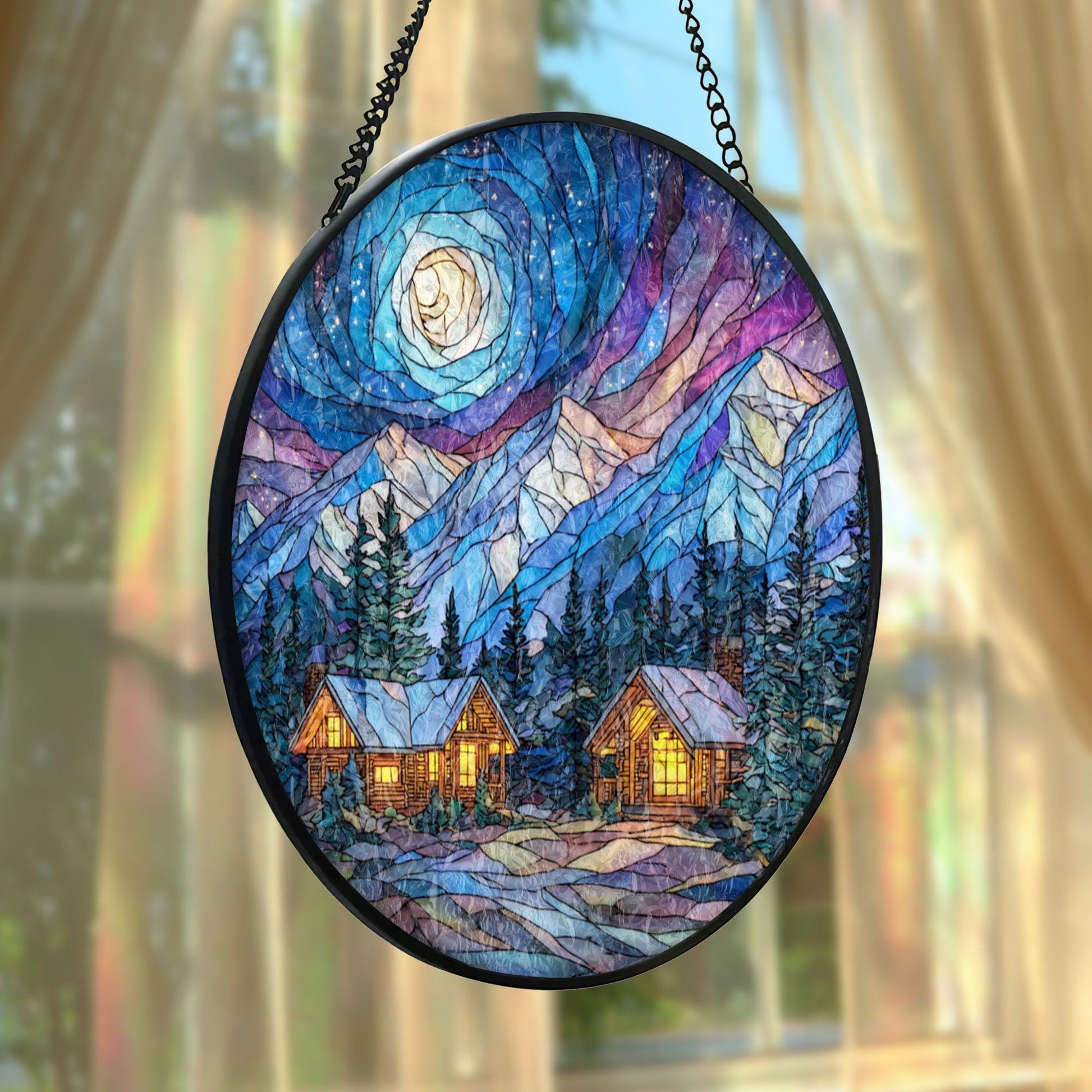 Mountain Cabin Night Stained Glass Suncatcher, Cozy Forest Lodge Window Hanging, Moonlit Landscape Sun Catcher, Rustic Home Decor Gift