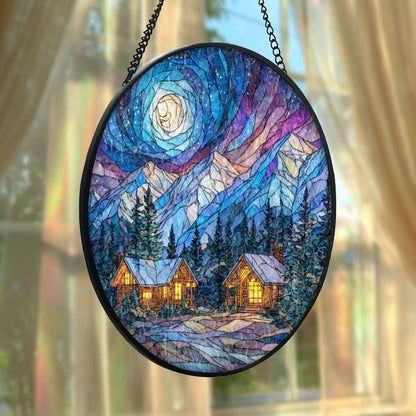 Mountain Cabin Night Stained Glass Suncatcher, Cozy Forest Lodge Window Hanging, Moonlit Landscape Sun Catcher, Rustic Home Decor Gift
