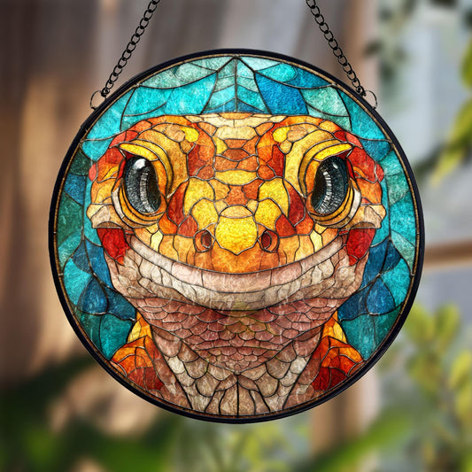 Smiling Gecko Stained Glass Suncatcher, Colorful Reptile Window Hanging, Nature Animal Sun Catcher Decor, Unique Gift for Gecko Lovers