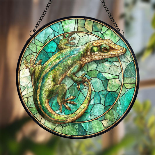 Green Lizard Stained Glass Suncatcher, Colorful Reptile Window Hanging, Nature Animal Sun Catcher Decor, Unique Gift for Lizard Lovers