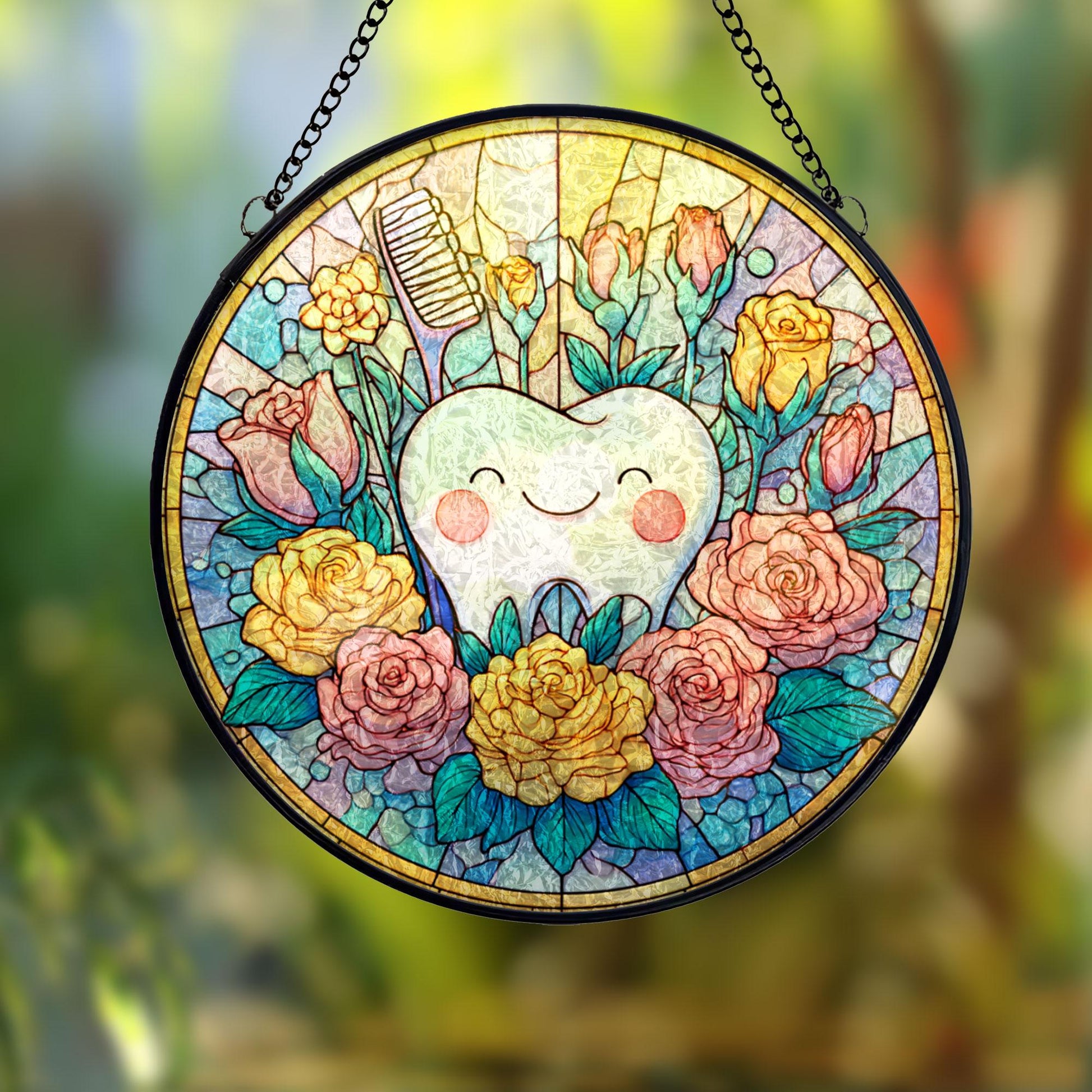 Smiling Tooth With Flowers Stained Glass Suncatcher, Colorful Dental Art Window Hanging, Cute Sun Catcher Decor, Dentist Gift