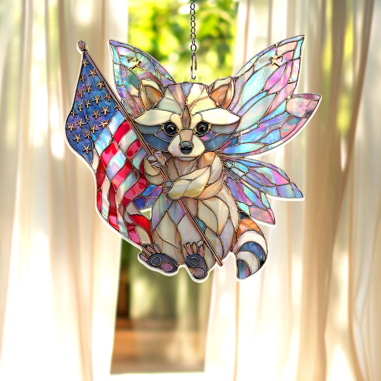 Patriotic Raccoon Acrylic Suncatcher, Fairy Wings Raccoon With American Flag, Stained Glass Style Window Hanging, USA Gift