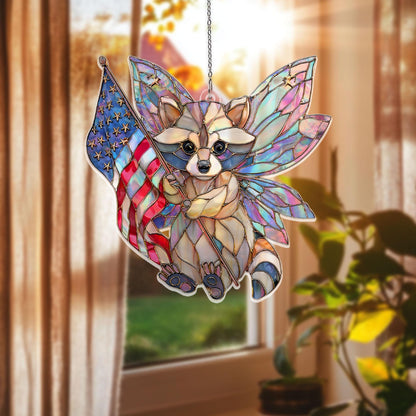 Patriotic Raccoon Acrylic Suncatcher, Fairy Wings Raccoon With American Flag, Stained Glass Style Window Hanging, USA Gift