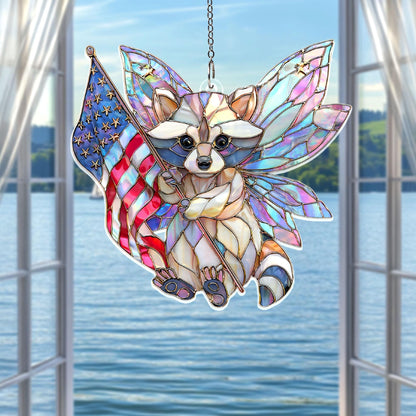 Patriotic Raccoon Acrylic Suncatcher, Fairy Wings Raccoon With American Flag, Stained Glass Style Window Hanging, USA Gift