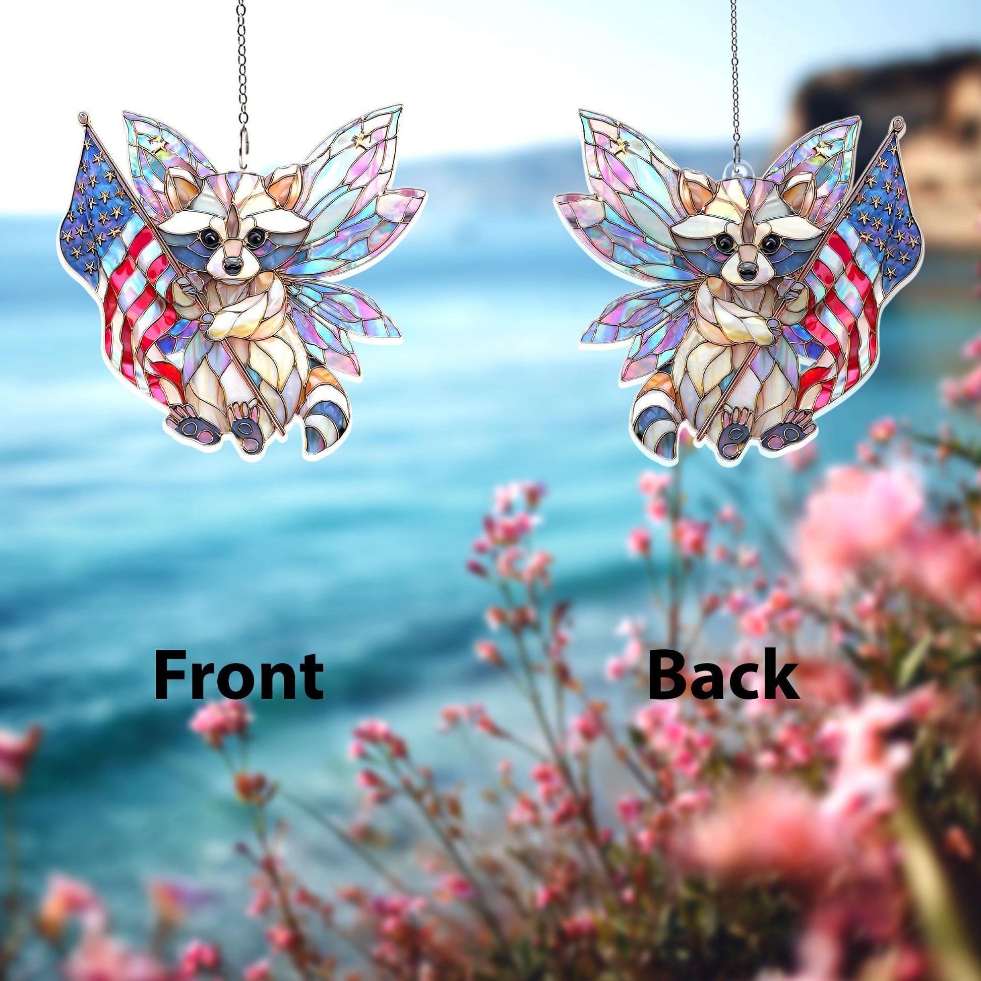 Patriotic Raccoon Acrylic Suncatcher, Fairy Wings Raccoon With American Flag, Stained Glass Style Window Hanging, USA Gift