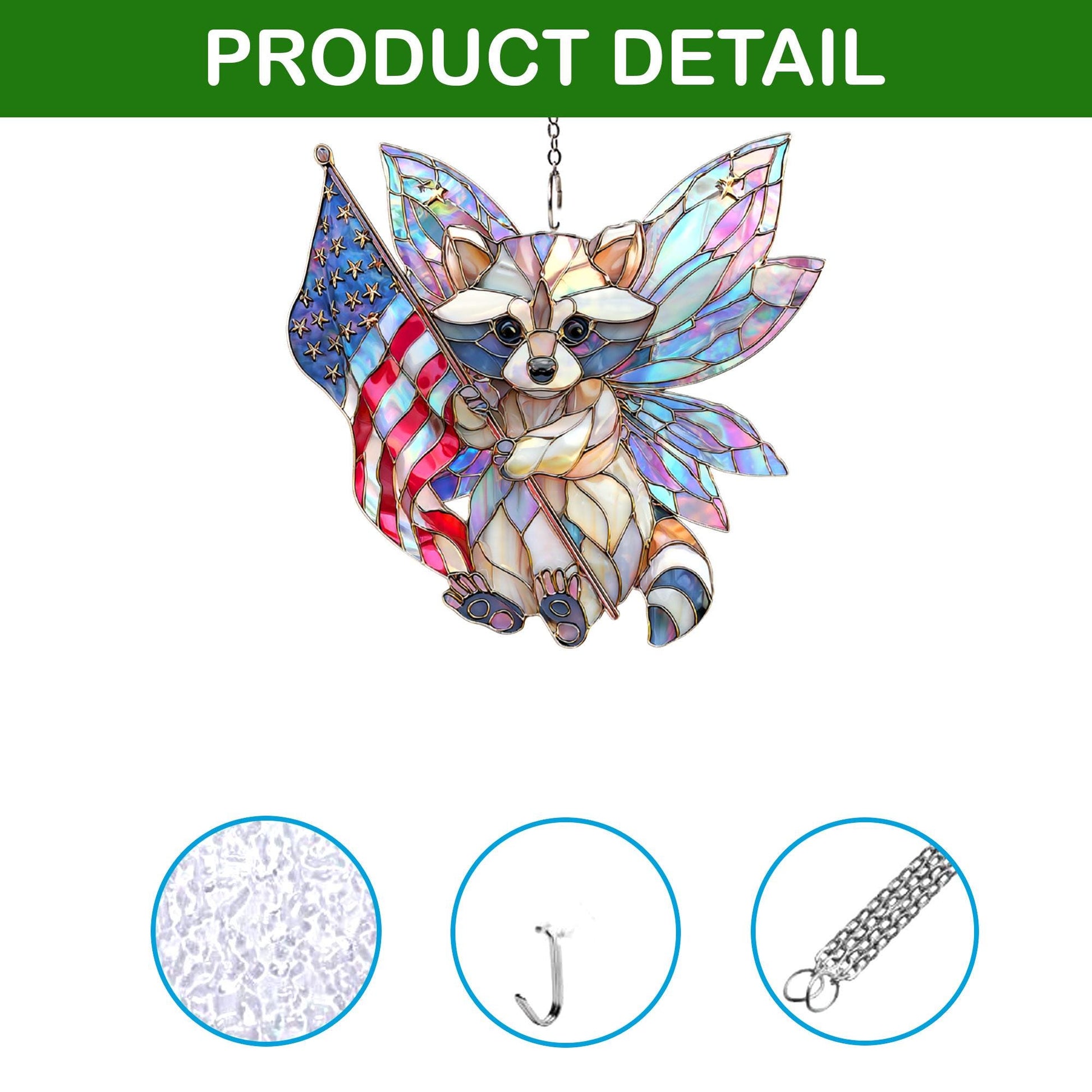 Patriotic Raccoon Acrylic Suncatcher, Fairy Wings Raccoon With American Flag, Stained Glass Style Window Hanging, USA Gift