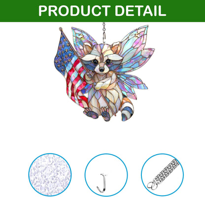 Patriotic Raccoon Acrylic Suncatcher, Fairy Wings Raccoon With American Flag, Stained Glass Style Window Hanging, USA Gift