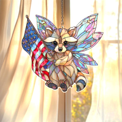 Patriotic Raccoon Acrylic Suncatcher, Fairy Wings Raccoon With American Flag, Stained Glass Style Window Hanging, USA Gift