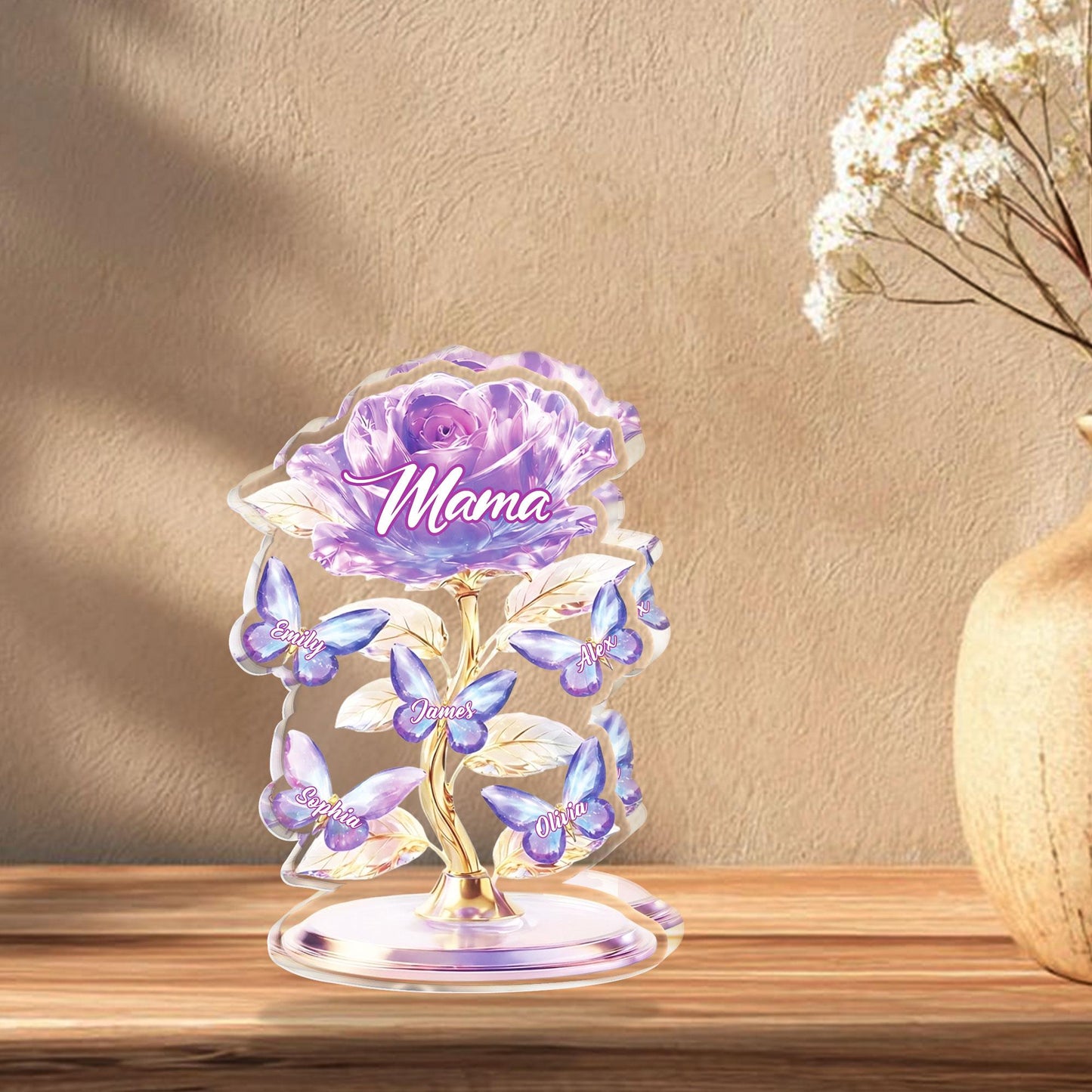 Personalized Mom Rose Acrylic Block, Custom Kids Names Gift, Purple Flower Mother’s Day Gift for Mom, Elegant Family Keepsake Decor