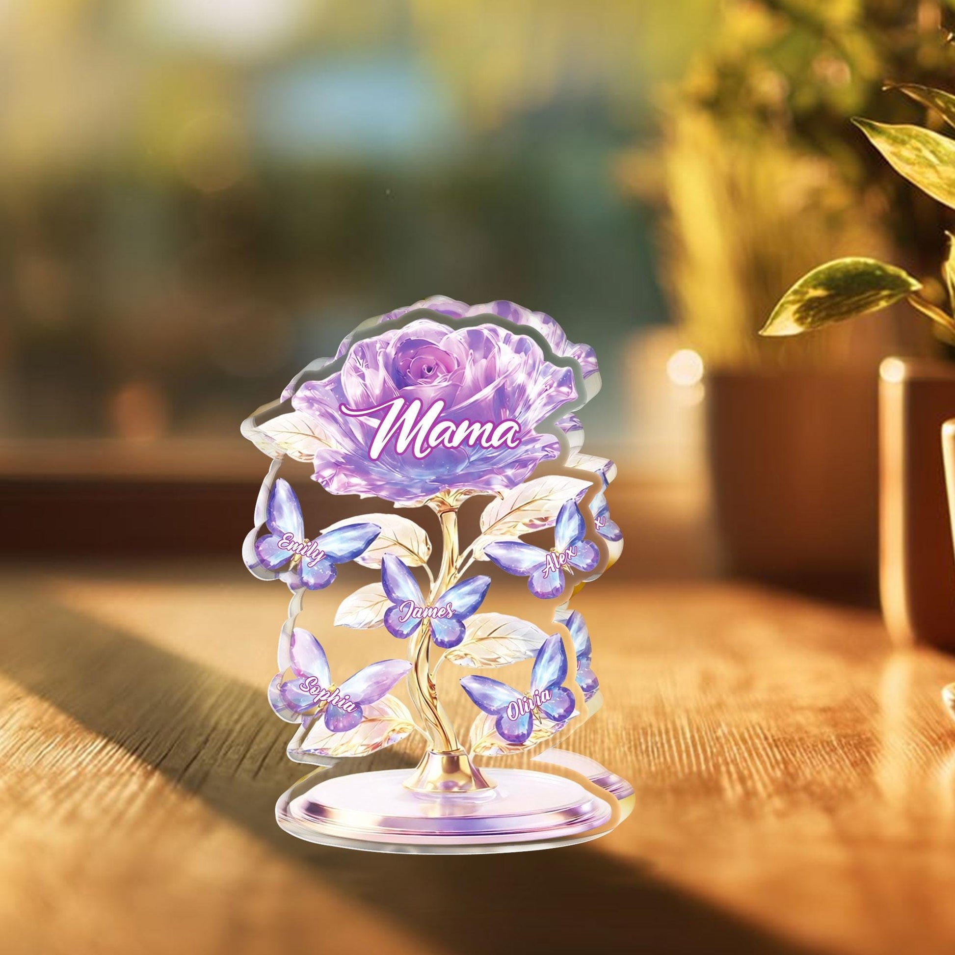 Personalized Mom Rose Acrylic Block, Custom Kids Names Gift, Purple Flower Mother’s Day Gift for Mom, Elegant Family Keepsake Decor