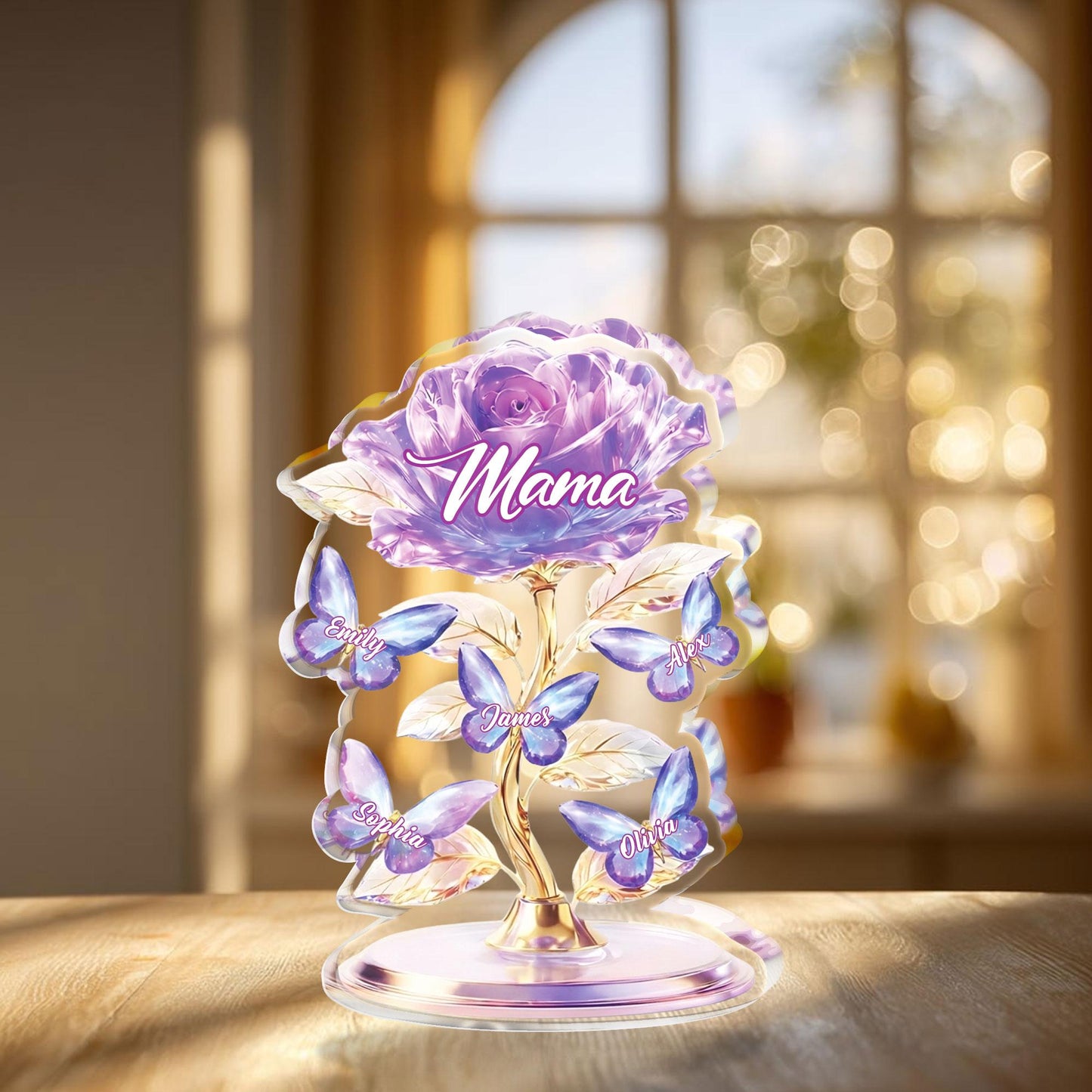 Personalized Mom Rose Acrylic Block, Custom Kids Names Gift, Purple Flower Mother’s Day Gift for Mom, Elegant Family Keepsake Decor