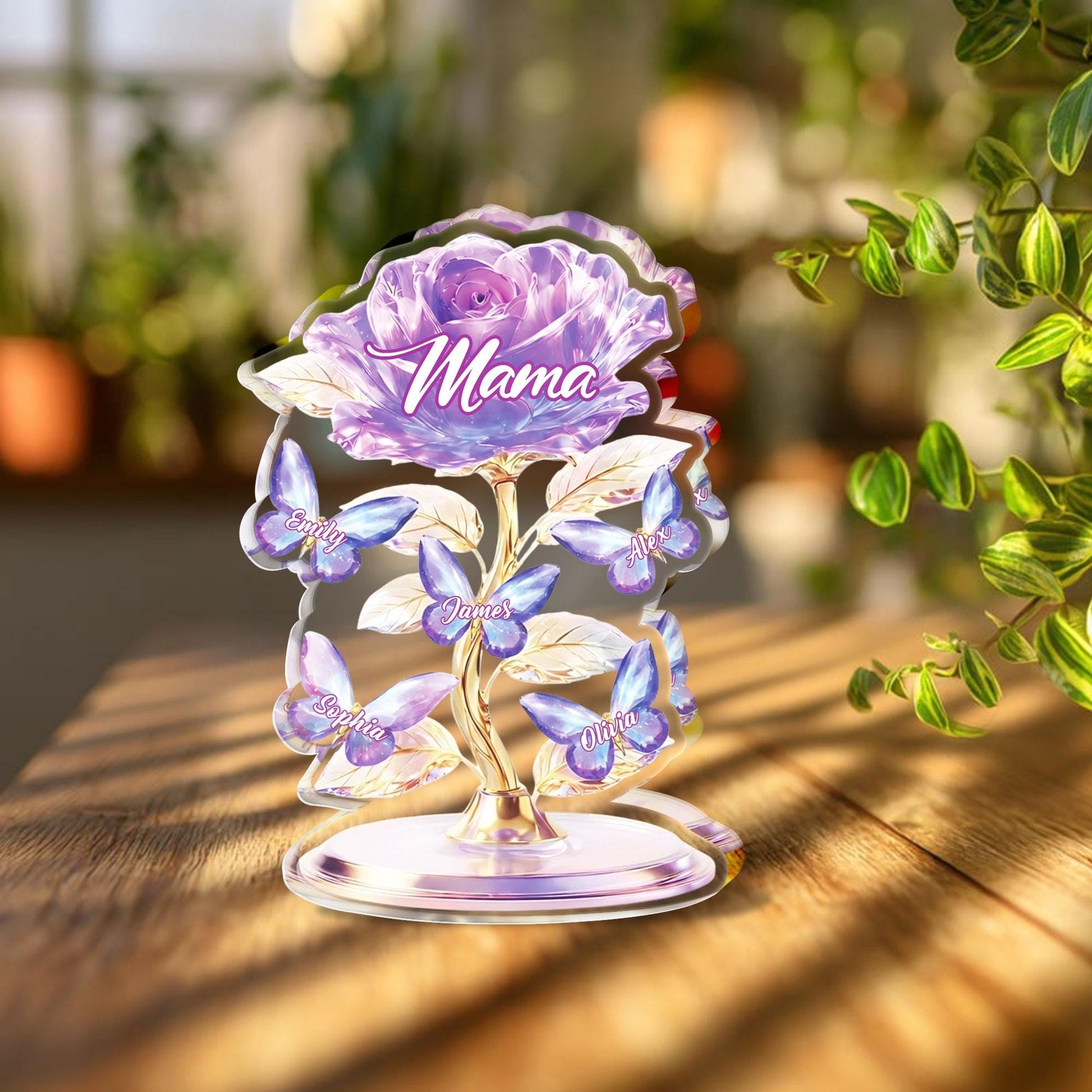 Personalized Mom Rose Acrylic Block, Custom Kids Names Gift, Purple Flower Mother’s Day Gift for Mom, Elegant Family Keepsake Decor